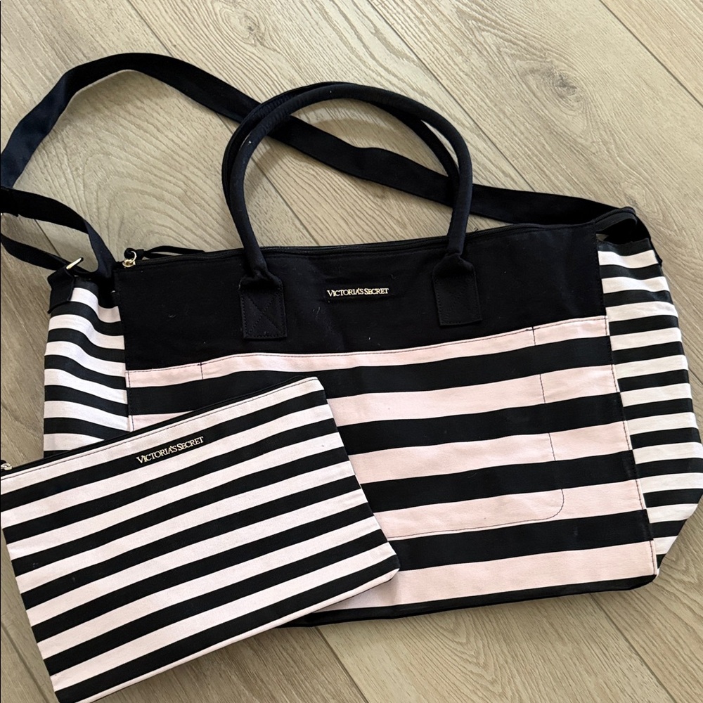 NEW Victorias Secret Stripe Bag with Cosmetic Pouch